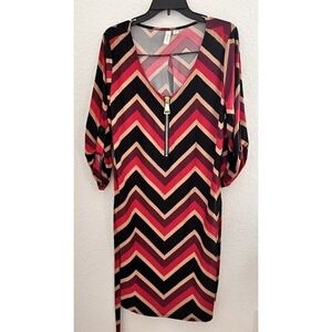 Tacera Chevron Knee-Length Dress 1X Multicolor‎ V-Neck Belted Half-Zip Roll-Tab